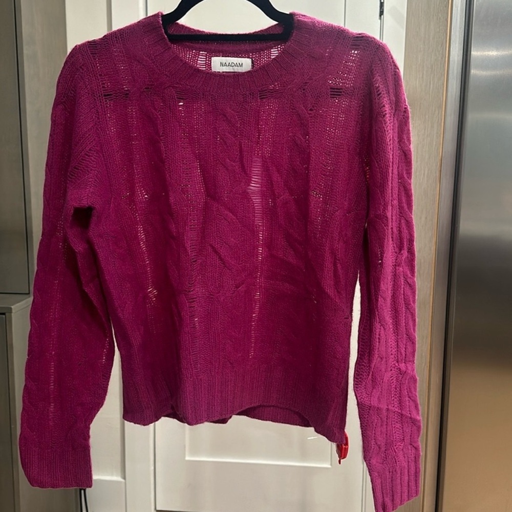 NAADAM Open Cable Crewneck Sweater in Berry
